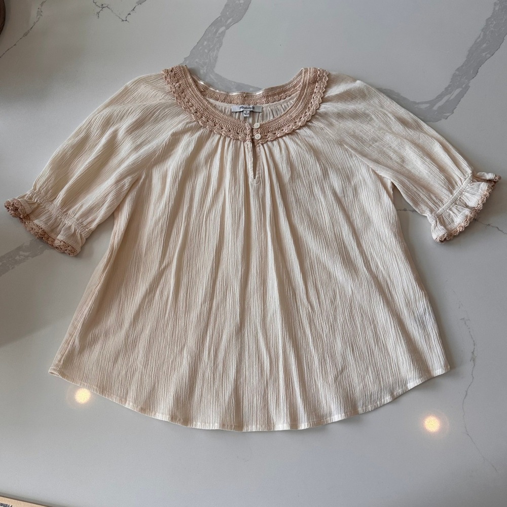 Madewell Crochet Trim Cotton Gauze Blouse Cream Tan Short Sleeve S